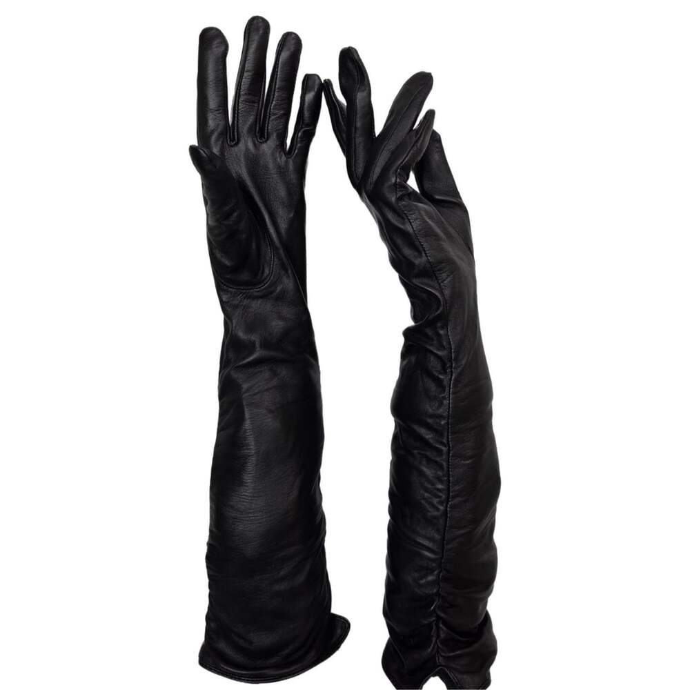 Belle Fare Long Black Leather Opera Gloves Size M